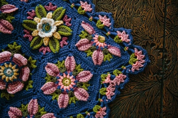 338386454 Crocheted blue blanket with pink, green, and white floral motifs laid over a brown patterned fabric background
