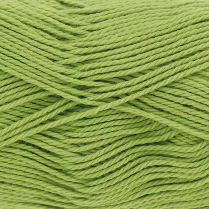 Close-up of lime-green yarn skeins wound in overlapping strands, showing a braided texture of the fibers.