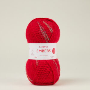 F266-0402 Bonfire Red skein of yarn with a white label around the middle reading 'SIRDAR EMBERS' against a pale background.
