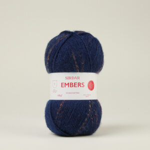 Two navy blue yarn skeins stacked vertically with a white label reading 'SIRDAR EMBERS' against a pale background.