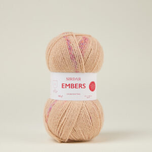 F266-0406 Afterglow Two peach-colored skeins of Sirdar Embers double knitting yarn stacked vertically, with a white label showing the brand text visible between them