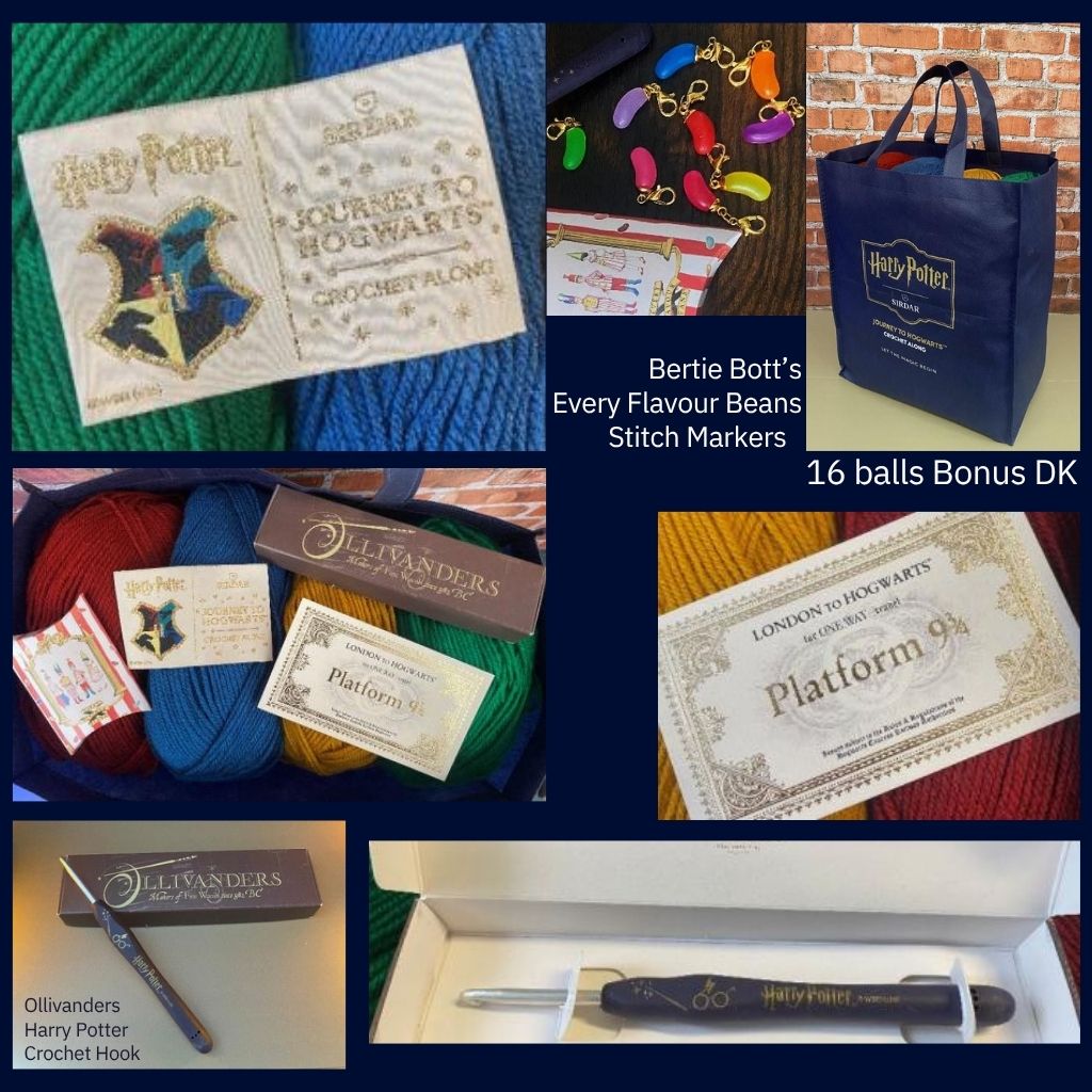 Harry potter journey to hogwarts crochet along yarn pack. Collage of Harry Potter-themed yarn and crochet supplies, including platforms and certificate cards arranged with dark blue background